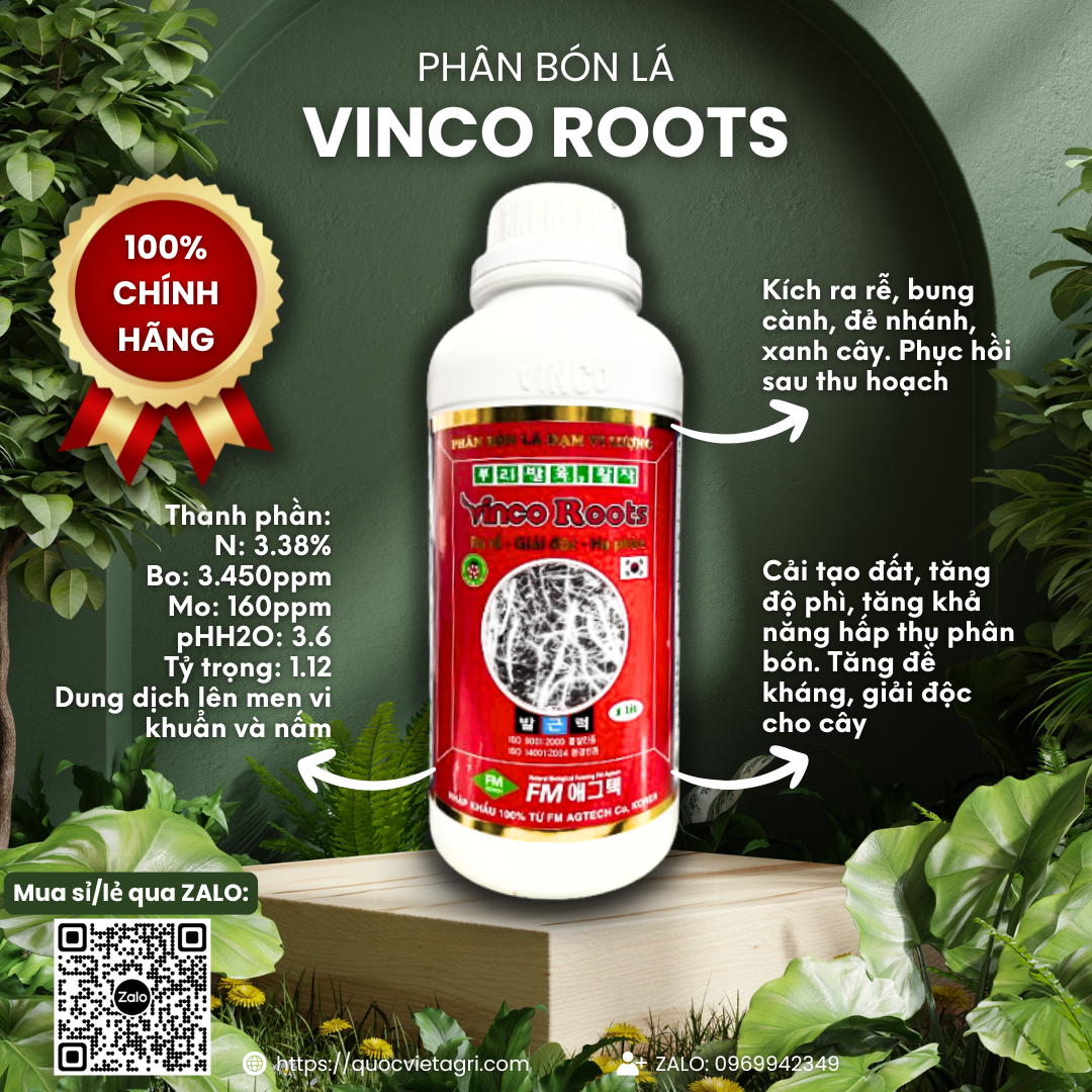 Chai phân bón sinh học Vinco Roots dung tích 1 Lít, thiết kế chuyên nghiệp.