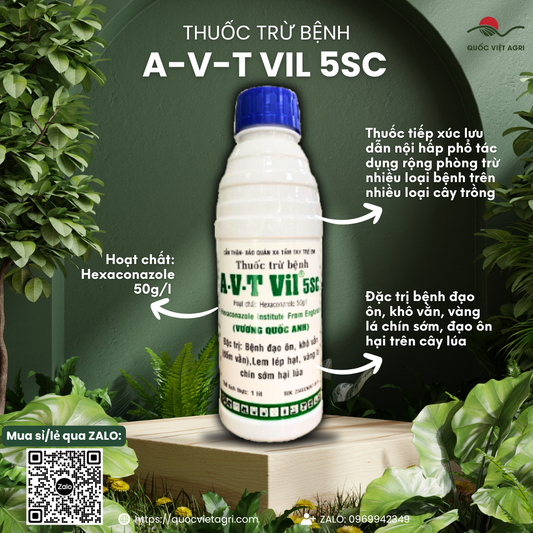 Mặt trước chai thuốc trừ bệnh A-V-T VIL 5SC (VITHACO) 1 Lít, nhãn hiệu VITHACO/Việt Thắng rõ ràng, phân phối bởi Quốc Việt Agri.