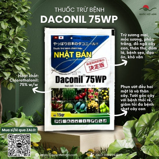 Gói thuốc trừ bệnh Daconil 75WP trọng lượng 15g, bao bì đặc trưng của VITHACO.