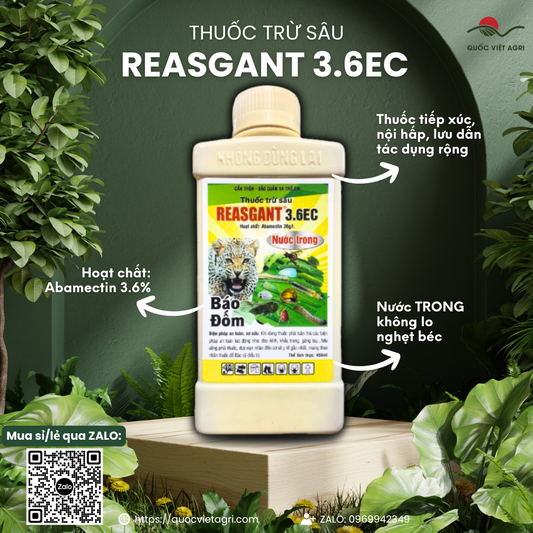 Mặt trước chai thuốc trừ sâu REASGANT 3.6EC (Nước Trong) 450ml, nhãn hiệu rõ ràng, sản phẩm của Quốc Việt Agri.