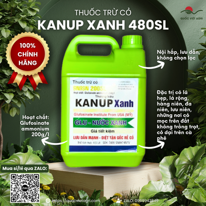 Mặt trước can thuốc trừ cỏ KANUP XANH 480SL GLU XANH SINASIN 200SL 4.5 Lít hiển thị rõ nét thương hiệu và công dụng