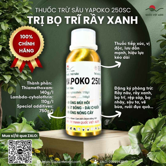 Mặt trước chai thuốc trừ sâu YAPOKO 250SC 240ml, chứa Thiamethoxam và Lambda-cyhalothrin, đặc trị rầy xanh, bọ trĩ, sâu vẽ bùa.


