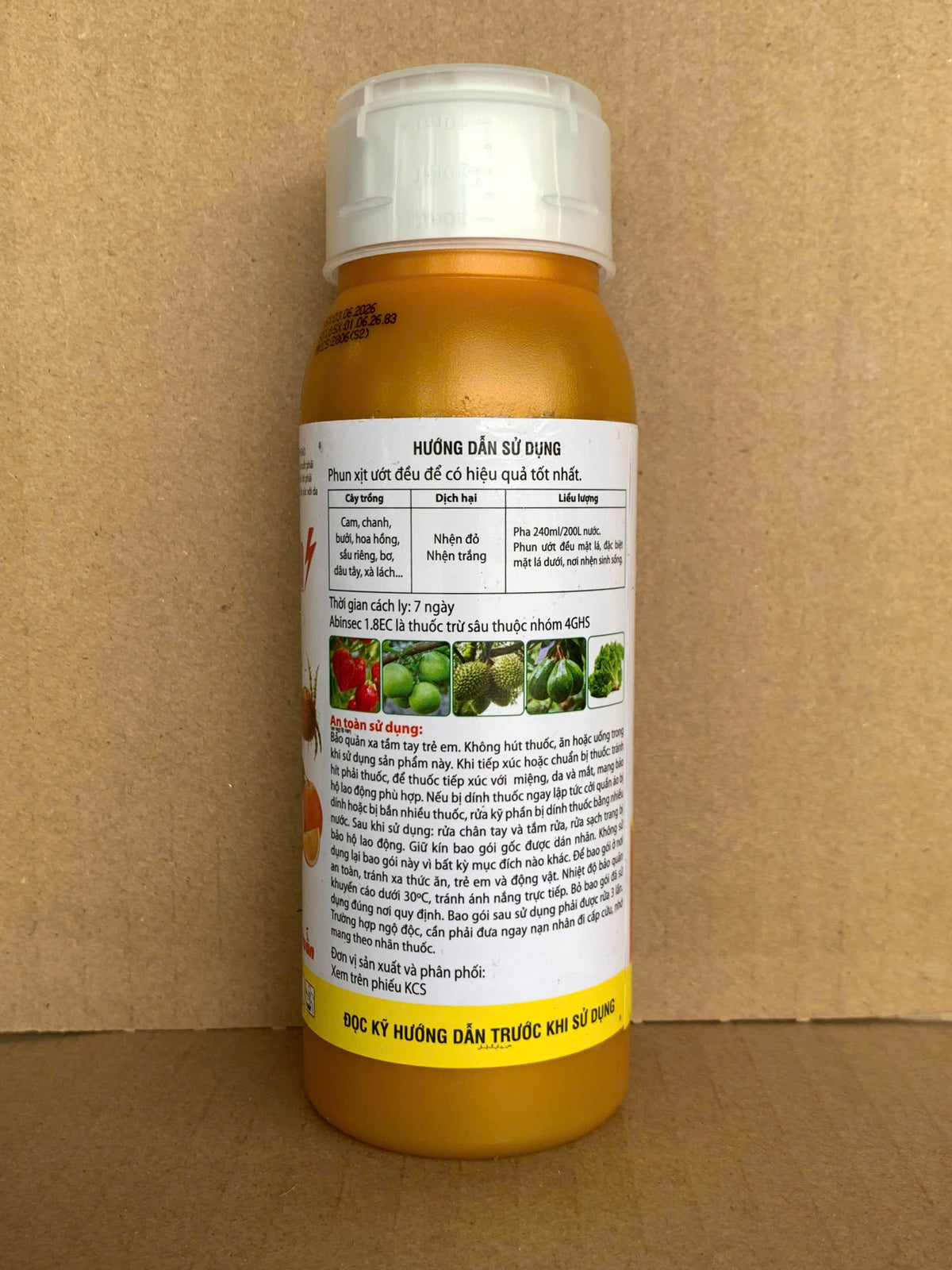 Mặt sau nhãn chai ABINSEC 1.8EC 240ml với hướng dẫn sử dụng và cảnh báo an toàn.
