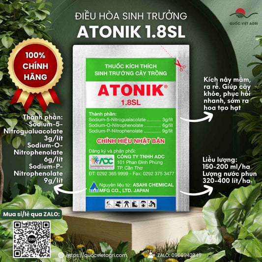 Mặt trước gói Kích thích sinh trưởng cây trồng ATONIK 1.8SL 10ml, chính hiệu Nhật Bản, dùng cho rau, lúa, hoa kiểng.
