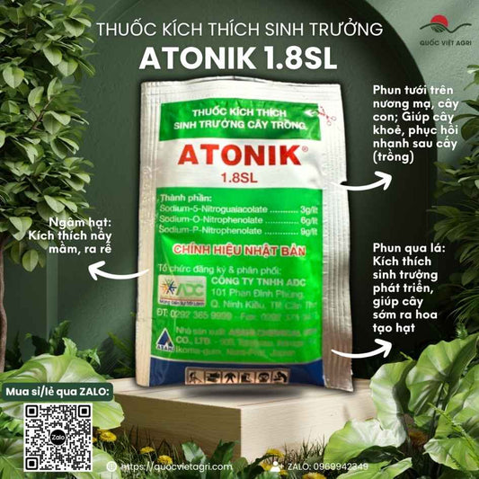 Mặt trước gói Kích thích sinh trưởng cây trồng ATONIK 1.8SL 10ml, chính hiệu Nhật Bản, dùng cho rau, lúa, hoa kiểng.
