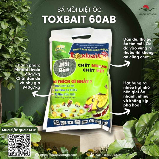 Mặt trước gói bả diệt ốc sên TOXBAIT 60AB 1kg, siêu dẫn dụ, diệt sạch ốc bươu vàng, ốc nhớt.

