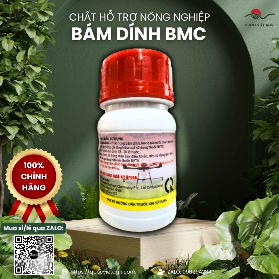 Mặt sau chai chất bám dính BMC (100ml/500ml) với thông tin thành phần và hướng dẫn sử dụng chi tiết pha chung với thuốc BVTV.