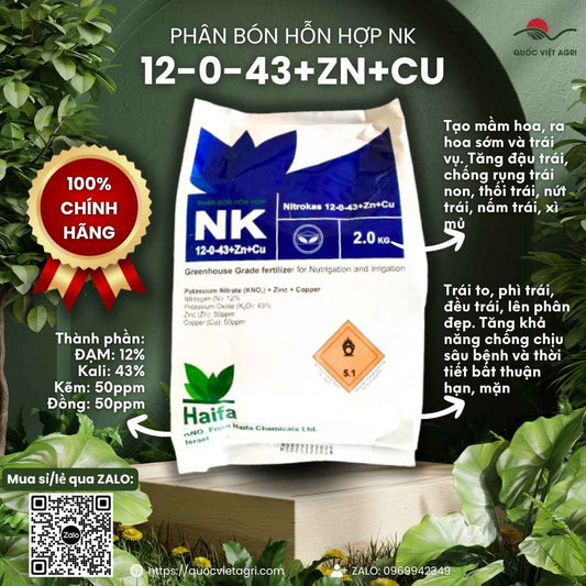 Bao phân bón hỗn hợp NK 12-0-43+Zn+Cu hiệu Nitrokas của Haifa loại 2 kg, kèm thông tin thành phần đạm 12%, kali 43%, kẽm và đồng 50ppm.