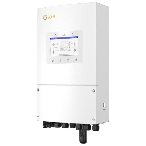 Hình ảnh góc nghiêng (perspective view) của Inverter Hybrid Solis S6-EH1P(3-8)K-L-PLUS, hiển thị màn hình LCD, logo Solis và cổng kết nối.