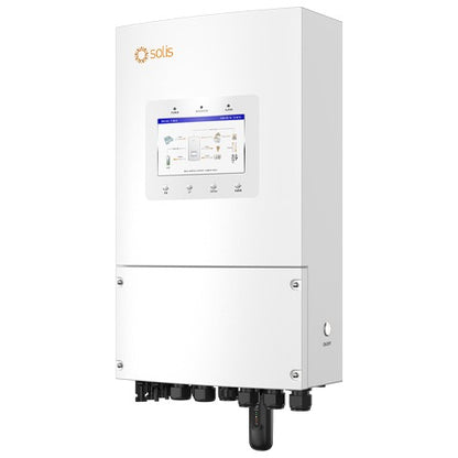 Hình ảnh góc nghiêng (perspective view) của Inverter Hybrid Solis S6-EH1P(3-8)K-L-PLUS, hiển thị màn hình LCD, logo Solis và cổng kết nối.