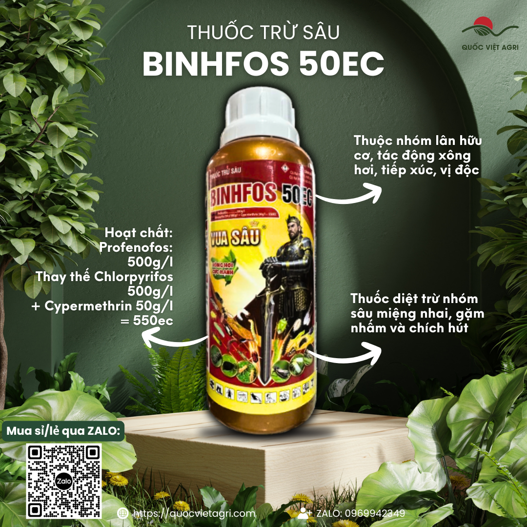 Mặt trước chai thuốc trừ sâu BINHFOS 50EC 450ml, nhãn hiệu rõ ràng, công nghệ Delta Thụy Sĩ, phân phối bởi Quốc Việt Agri.