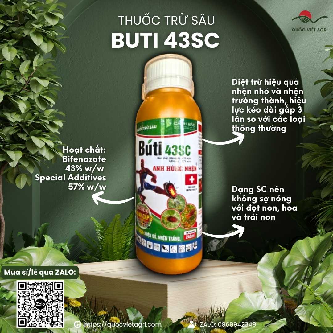 Mặt trước chai thuốc trừ nhện BUTI 43SC 240ml, chứa hoạt chất Bifenazate 43%, chuyên diệt nhện kháng thuốc, an toàn đọt non.

