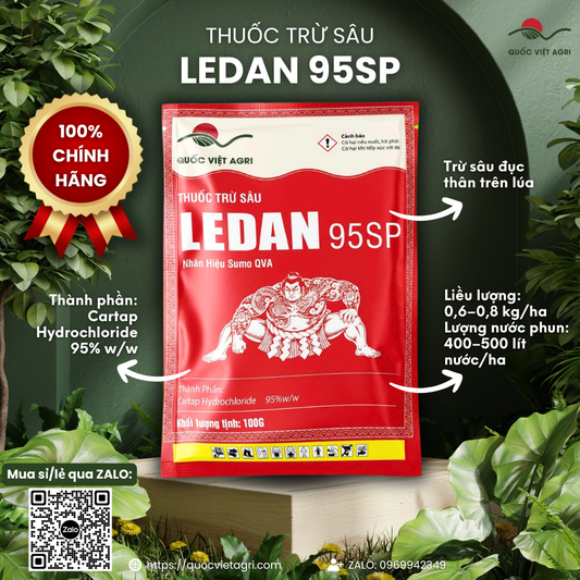 Mặt trước gói LEDAN 95SP 100g nhãn hiệu Sumo QVA - Cartap hydrochloride 95% w/w, trừ sâu đục thân trên lúa