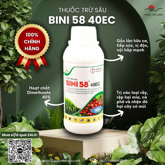 Chai thuốc trừ sâu Bini 58 40EC hoạt chất Dimethoate 40%, kèm huy hiệu 100% chính hãng.