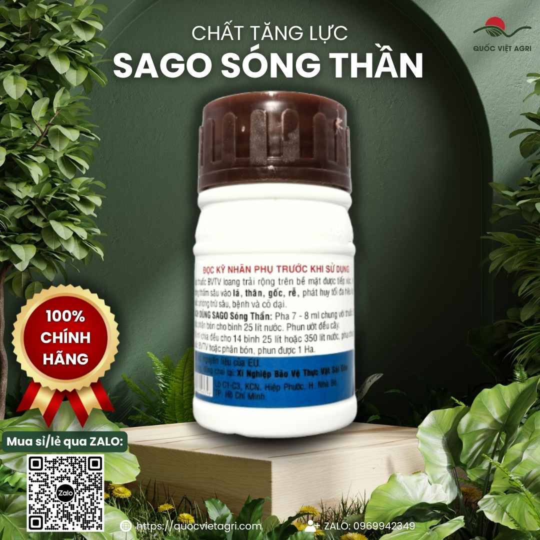 Mặt sau chai Sago Sóng Thần với thông tin thành phần Alcohol Ethoxylate 30% và hướng dẫn pha 7-8ml/bình.