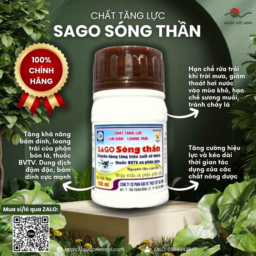 Mặt trước chai Chất Bám Dính Sago Sóng Thần 100ml, siêu loang trải, thấm sâu, tăng hiệu lực thuốc BVTV.