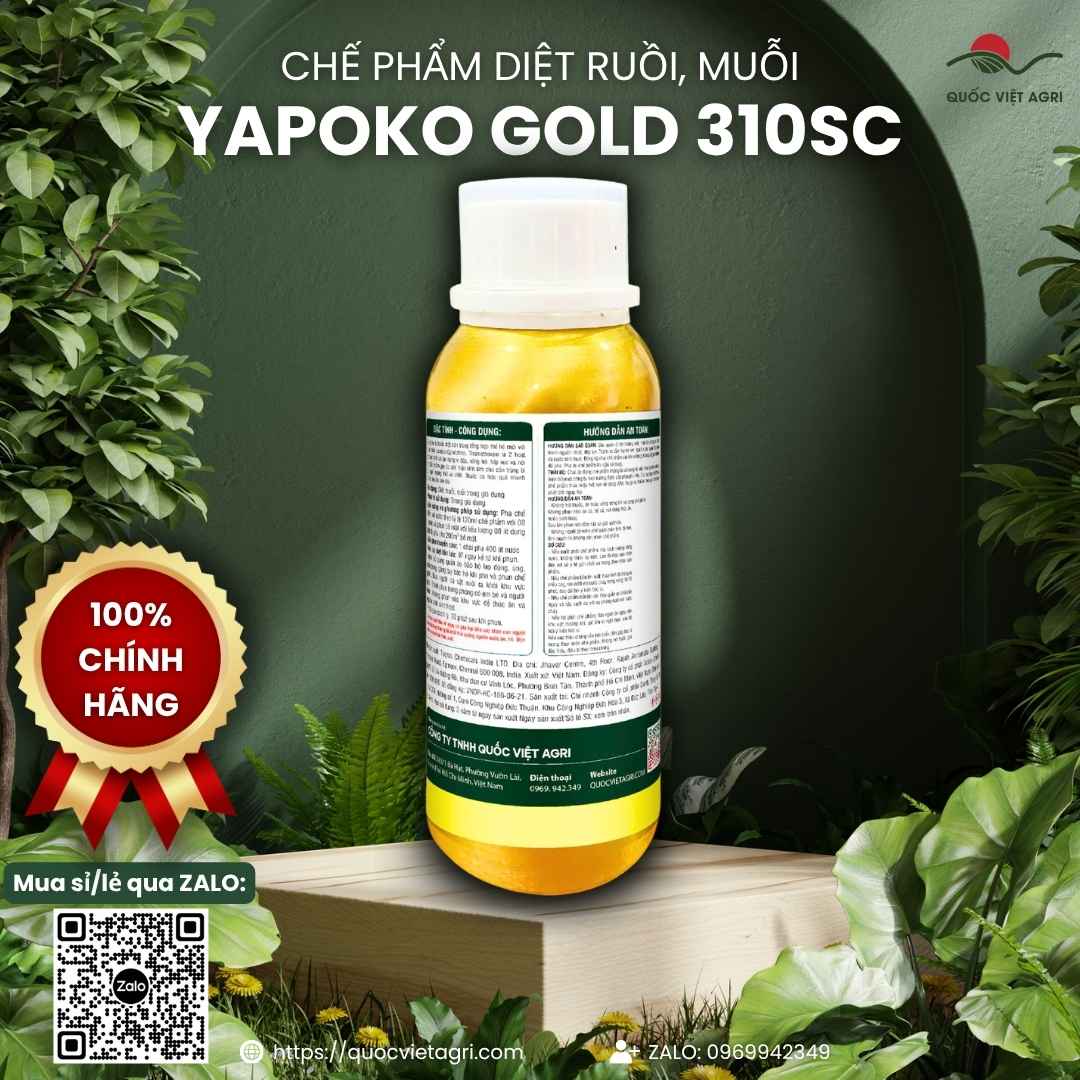 Mặt sau chai Yapoko Gold hiển thị hoạt chất Lambda-cyhalothrin và Thiamethoxam.