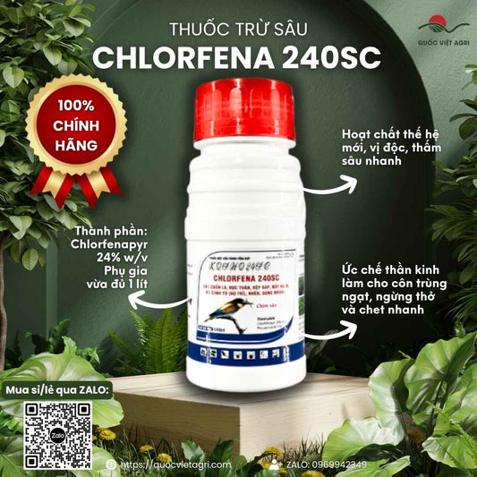 Mặt trước chai thuốc trừ sâu CHLORFENA 240SC 240ml, chứa Chlorfenapyr 24%, đặc trị sâu cuốn lá, rầy rệp, nhện.

