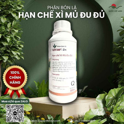 Mặt sau chai phân bón lá Hạn Chế Xì Mủ Đu Đủ 500ml, chuyên dùng để chống rụng, nứt trái, sản phẩm chính hãng VITAF.

