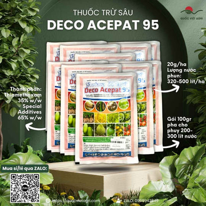 Mặt trước gói thuốc trừ sâu Deco Acepat 95SG 100g, chuyên dùng để đặc trị bọ trĩ hại lúa, sản phẩm chính hãng.

