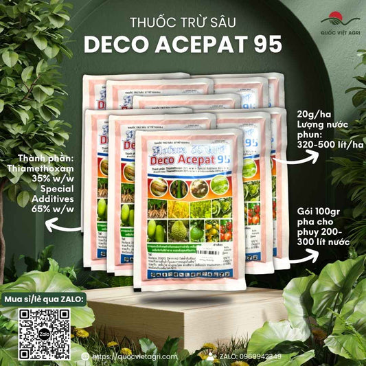 Mặt trước gói thuốc trừ sâu Deco Acepat 95SG 100g, chuyên dùng để đặc trị bọ trĩ hại lúa, sản phẩm chính hãng.

