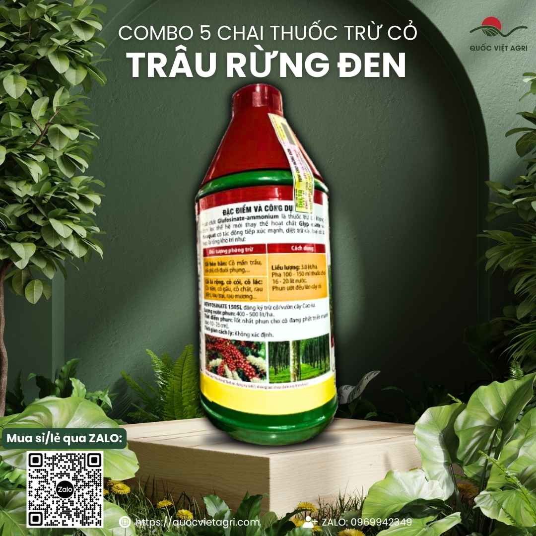 Mặt sau chai thuốc trừ cỏ Trâu Rừng Đen 150SL 900ml với thông tin thành phần Glufosinate-Ammonium và hướng dẫn sử dụng chi tiết.

