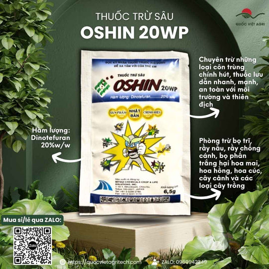Mặt trước gói thuốc trừ sâu Oshin 20WP 6.5g, chuyên dùng để đặc trị rầy nâu, bọ trĩ, sản phẩm chính hãng Mitsui Nhật Bản.

