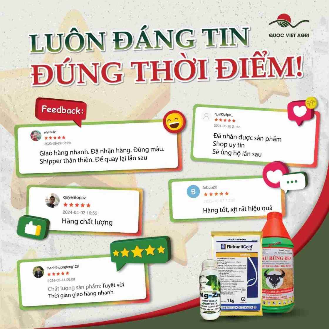 Hình ảnh đánh giá 5 sao từ khách hàng về sản phẩm nông nghiệp tại Quốc Việt Agri – uy tín, hiệu quả, chính hãng


