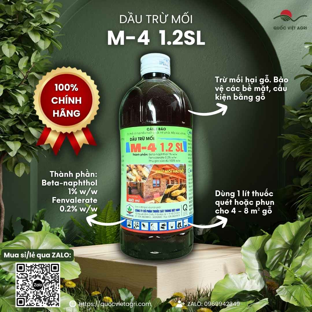 Dầu trừ mối M-4 1.2SL chai 480ml (VIPESCO) – dung dịch phòng và diệt mối cho gốc cây, gỗ, công trình – Quốc Việt Agri