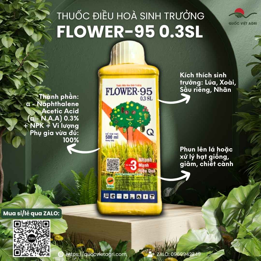 Mặt trước chai thuốc điều hòa sinh trưởng Flower F95 500ml, chuyên dùng để kích ra hoa, tăng đậu quả, sản phẩm chính hãng của Quốc Việt Agri.


