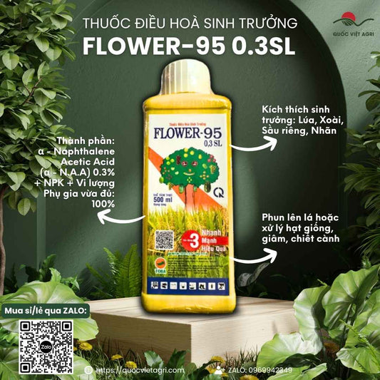 Mặt trước chai thuốc điều hòa sinh trưởng Flower F95 500ml, chuyên dùng để kích ra hoa, tăng đậu quả, sản phẩm chính hãng của Quốc Việt Agri.


