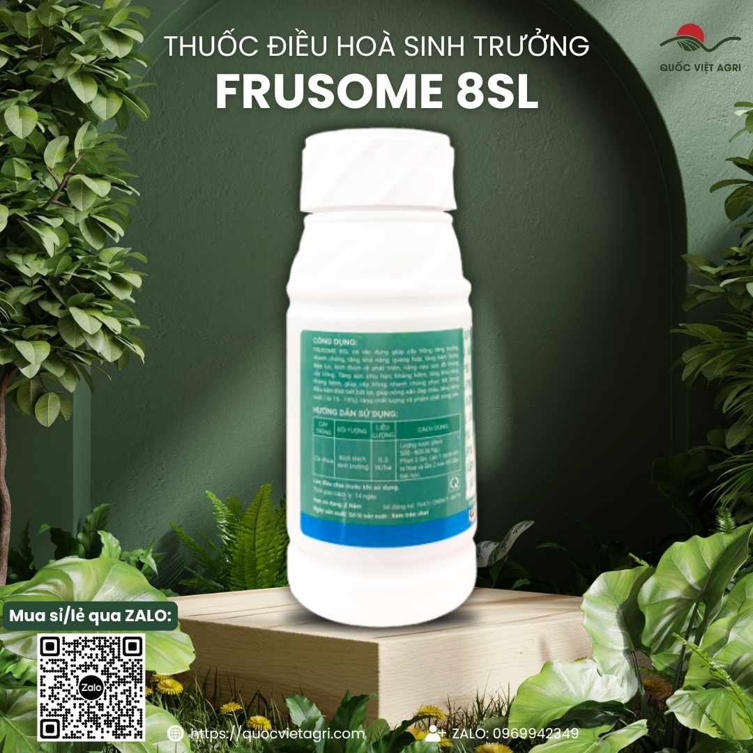 Mặt sau chai Frusome 8SL với hướng dẫn sử dụng chống sốc, kích rễ và tăng năng suất.