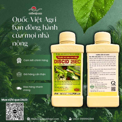 Hai chai thuốc trừ sâu DISCID 25EC 450ml (mặt trước và sau) kèm cam kết chính hãng Quốc Việt Agri