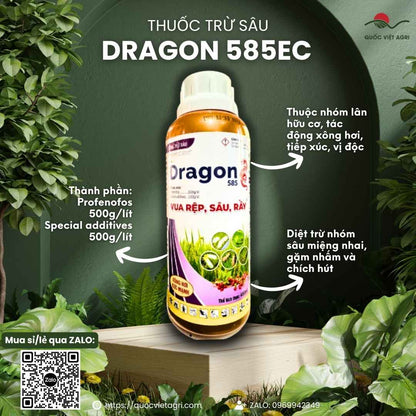 Mặt trước chai thuốc trừ sâu DRAGON GOLD 585EC 450ml, chứa Profenofos 500g/l, đặc trị rệp, sâu khoang, bọ trĩ.

