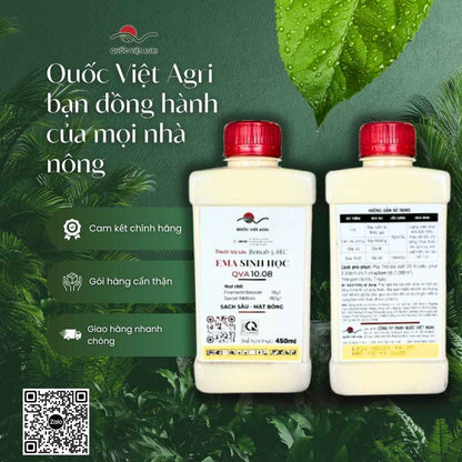 Ảnh hai mặt chai thuốc trừ sâu sinh học QVA EMA 10.08 450ml, chuyên dùng để đặc trị sâu rầy, sản phẩm chính hãng của Quốc Việt Agri.