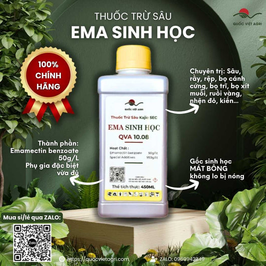 Mặt trước chai thuốc trừ sâu sinh học QVA EMA 10.08 450ml, chuyên dùng để đặc trị sâu rầy, sản phẩm chính hãng của Quốc Việt Agri.
