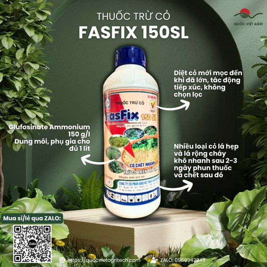 Mặt trước chai thuốc trừ cỏ Fasfix 150SL 1 Lít, chuyên dùng để diệt cỏ cháy nhanh, sản phẩm chính hãng của Quốc Việt Agri.

