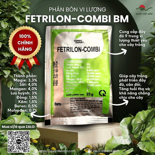 Mặt trước gói phân bón vi lượng Fetrilon Combi-BM 25g, chuyên trị vàng lá, xoăn lá, giảm rụng quả non cho mọi loại cây trồng.

