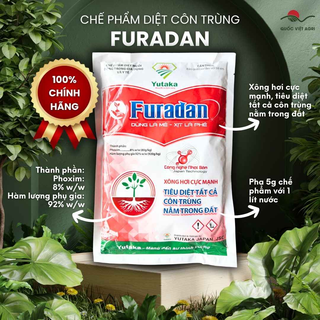 Thành phần Phoxim 8% mặt sau gói Furadan trị sùng đất rệp sáp.