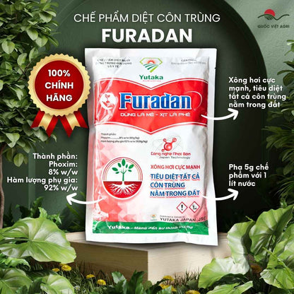 Thành phần Phoxim 8% mặt sau gói Furadan trị sùng đất rệp sáp.