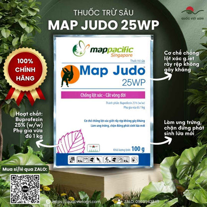 Gói thuốc trừ sâu Map Judo 25WP 100 g của Map Pacific với hoạt chất Buprofezin 25%, chống lột xác và cắt vòng đời rầy rệp.