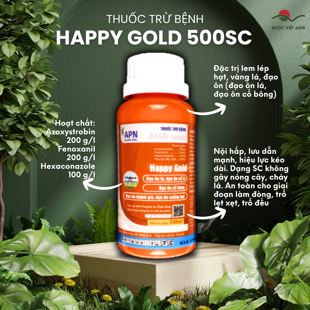 Mặt trước chai thuốc trừ bệnh HAPPY GOLD 500SC 240ml rõ nét, hiển thị thông tin thương hiệu và công dụng sản phẩm