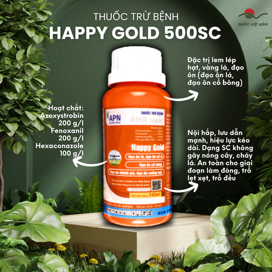 Mặt trước chai thuốc trừ bệnh HAPPY GOLD 500SC 240ml rõ nét, hiển thị thông tin thương hiệu và công dụng sản phẩm