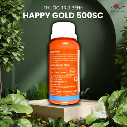 Mặt sau chai thuốc HAPPY GOLD 500SC với hướng dẫn sử dụng và thông tin thành phần chi tiết.