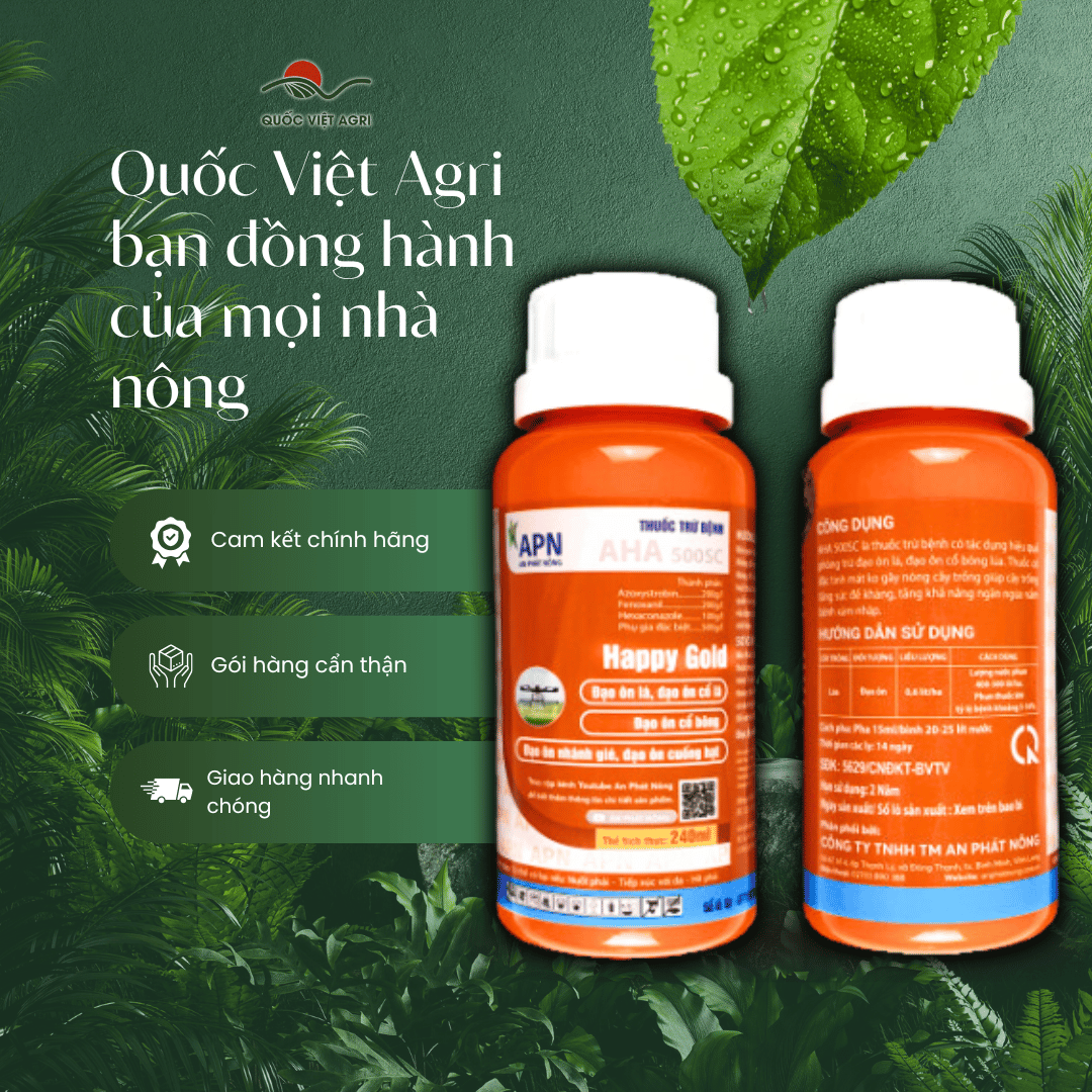 Hình ảnh đầy đủ chai thuốc HAPPY GOLD 500SC, thể hiện thông tin sản phẩm rõ ràng trên cả hai mặt.