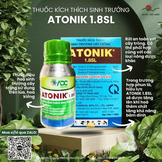 Mặt trước hộp 10 gói điều hòa sinh trưởng Atonik 1.8SL, sản phẩm chính hiệu Nhật Bản giúp phục hồi cây suy.


