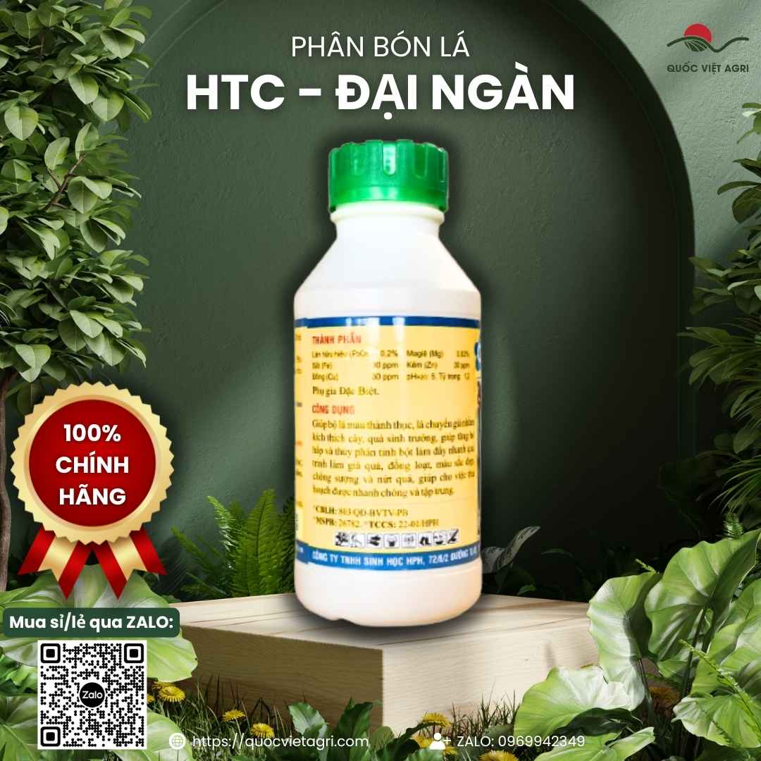 Mặt sau chai HTC Đại Ngàn 500ml với thông tin thành phần NAA, NPK và hướng dẫn liều lượng phun chín trái, già lá.