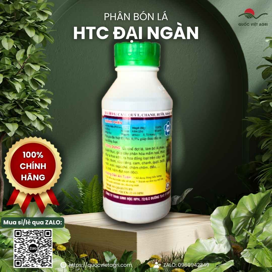 Mặt sau chai Ra Hoa Xanh HPC 97 với thông tin thành phần NAA, Etylen và hướng dẫn liều lượng phun cho xoài, nhãn, sầu riêng.