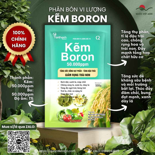 Mặt trước bao bì phân bón vi lượng Kẽm Boron 50.000ppm gói 500g.