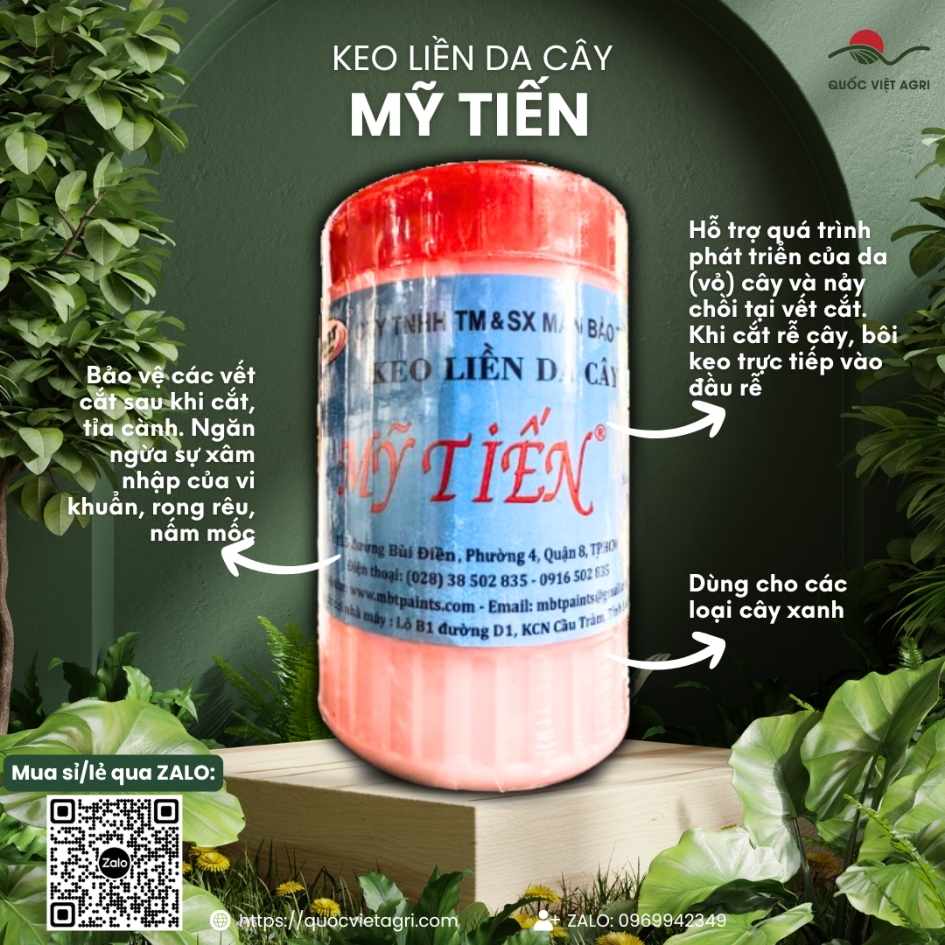 Mặt trước hũ keo liền da cây MỸ TIẾN 225g, chuyên dùng cho cây cảnh, bonsai, giúp liền sẹo vết cắt.
